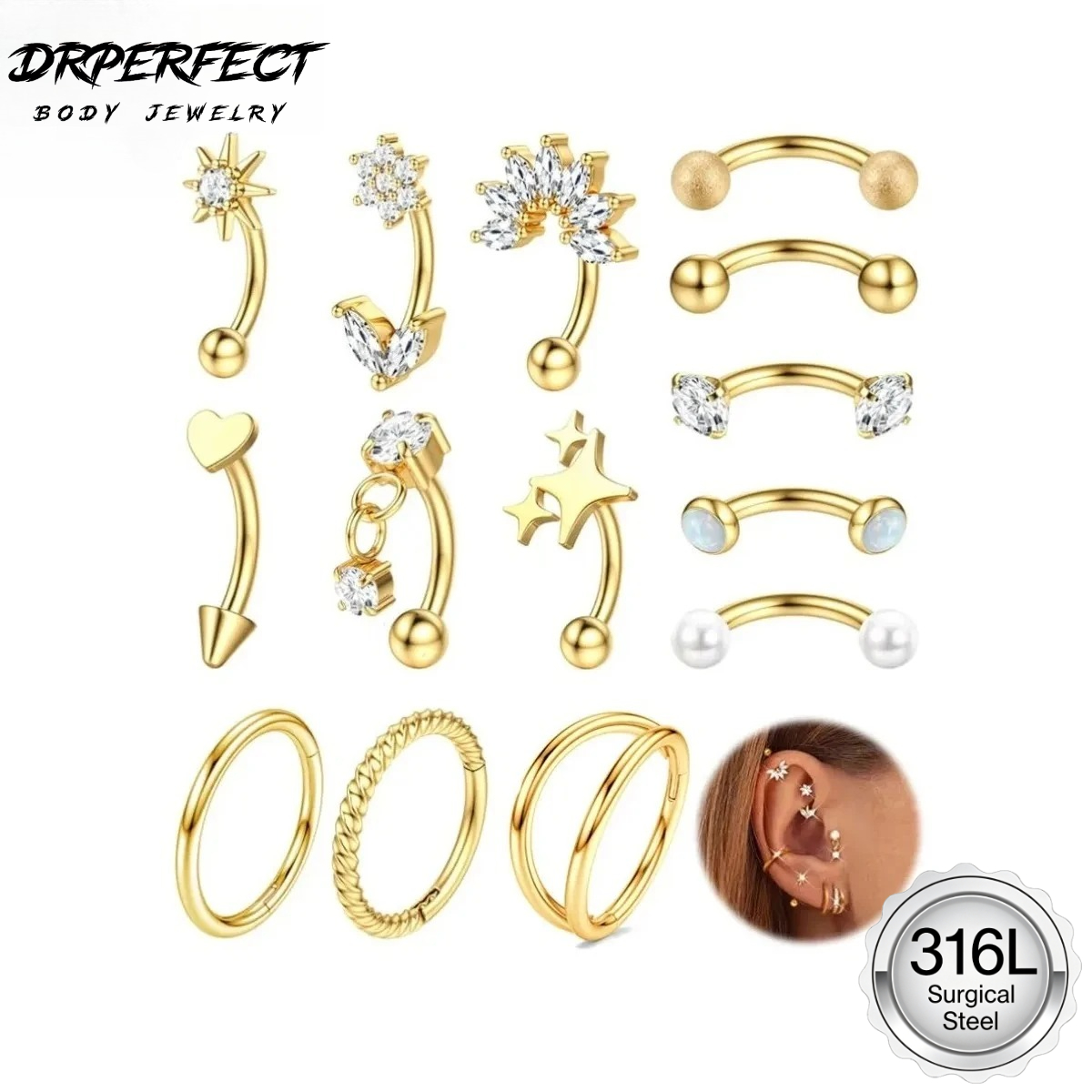 Rook Curved Barbell - Drperfect 1PC Rook Eyebrow Piercing 16G