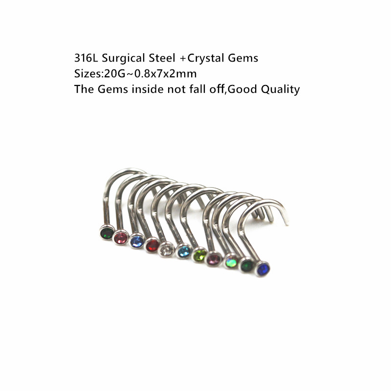 Body Jewelry Good Quality - 50pcs 20Gx7x2mm Gems Inside Nose Rings