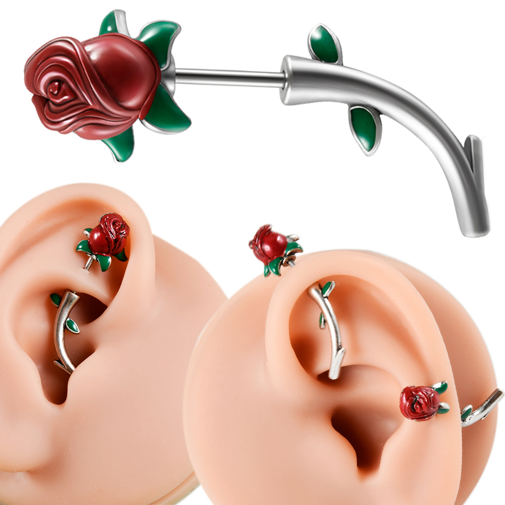1PC Surgical Steel  Red Rose F - đánh giá và giá Rook Curved Barbell